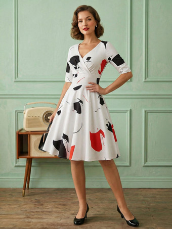 rojo Vestido vintage glamuroso negro estilo años 50 con estampado floral mangas cortas superpuestas escote corazón estilo rockabilly talla mediana.