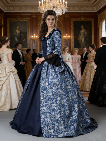 プリンセス 女性用 貴族ドレス 中世 ドレス ダークネイビー 長袖 マットサテン サテン ページェント ドレス ヴィクトリア風 中世 ドレス・貴族ドレス ヨーロッパ 宮廷風 レトロ