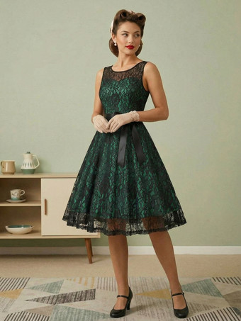 Green Retro Dress Green 1950s Style Two-Tone Sash Sleeveless V-Neck Medium Rockabilly Dress