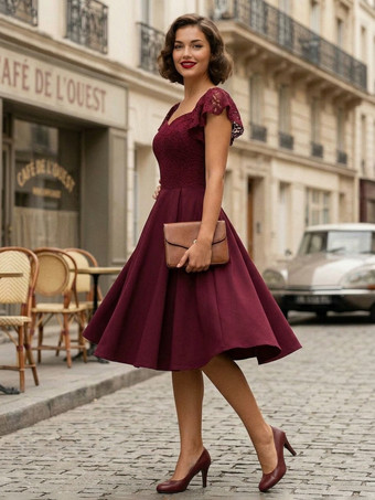 50er Jahre Audrey Hepburn Stil Vintage Glamour Kleid Burgund ärmellos V-Ausschnitt Rockabilly Kleid Retro Kleid