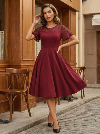 Burgundy Vintage Dress 1950s Style Jewel Neck Lace Short Sleeves Medium Burgundy Swing Dress
