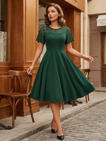 Dark GreenVintage Dress 1950s Style Jewel Neck Lace Short Sleeves Medium Burgundy Swing Dress
