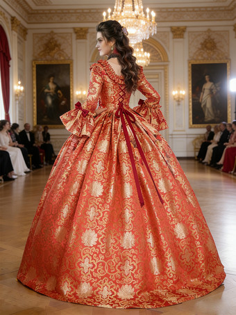 Ture レッド レトロ コスチューム レースアップ サテン生地 花柄 プリント ドレス 女の子 ゴシック マリー アントワネット コスチューム セット ヴィンテージ クロージング バーガンディ