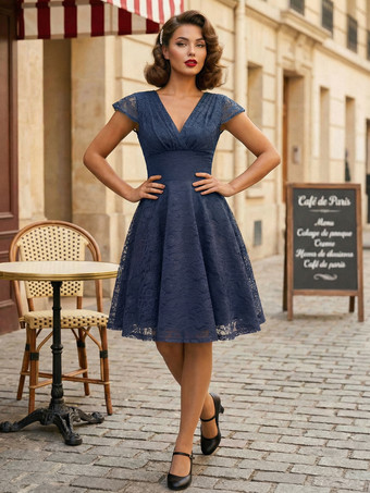 ダークネイビーヴィンテージ 1950年代 ミディ丈 レースドレス レディース - Vネック キャップスリーブ Aライン カクテルドレス プロムドレス - 結婚式ゲスト用 2026