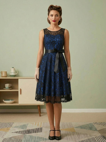 Blue Retro Dress Green 1950s Style Two-Tone Sash Sleeveless V-Neck Medium Rockabilly Dress