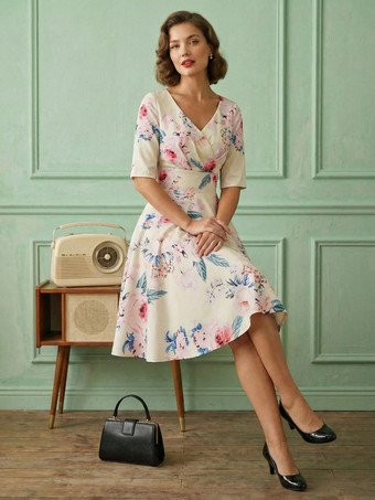 BeigeVestido vintage glamuroso negro estilo años 50 con estampado floral mangas cortas superpuestas escote corazón estilo rockabilly talla mediana.
