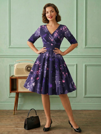 MoradoVestido vintage glamuroso negro estilo años 50 con estampado floral mangas cortas superpuestas escote corazón estilo rockabilly talla mediana.