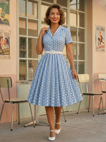 ライトスカイブルーレトロワンピース 1950年代オードリー・ヘップバーン風 ターンダウンカラー 半袖 水玉 二次会 お呼ばれ 発表会 スイングドレス