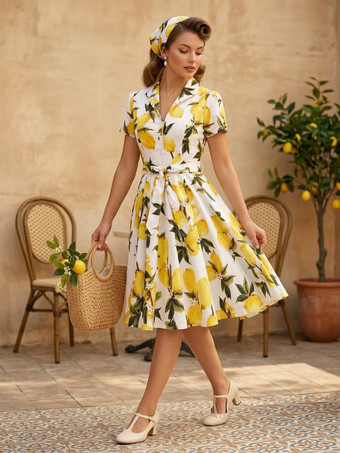 ヴィンテージプリントティーワンピース（女性用） - 1950年代風Aラインベルト付き半袖ロカビリースイングミディドレス - ホリデーピクニック2026