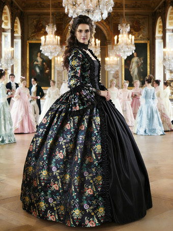 ブラック ゴールド レトロ コスチューム 女の子用 花柄 マリー アントワネット コスチューム レースアップ サテン生地 セット ドレス チョーカー ゴシック 18世紀 コスチューム