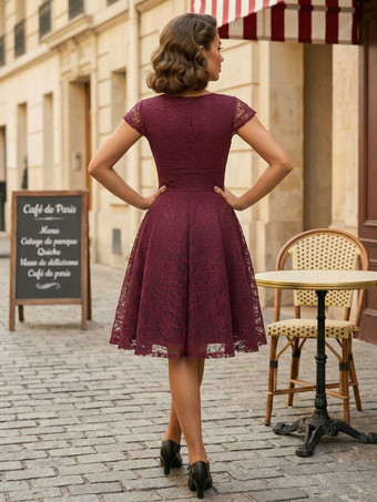 ヴィンテージ 1950年代 ミディ丈 レースドレス レディース - Vネック キャップスリーブ Aライン カクテルドレス プロムドレス - 結婚式ゲスト用 2026