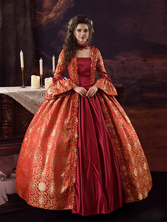 レッド Ture レッド レトロ コスチューム レースアップ サテン生地 花柄 プリント ドレス 女の子 ゴシック マリー アントワネット コスチューム セット ヴィンテージ クロージング バーガンディ