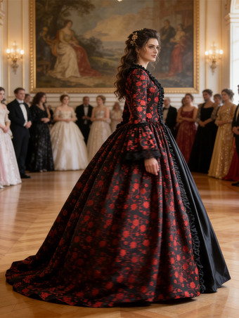 ブラック ゴールド レトロ コスチューム レディース マリー アントワネット コスチューム 花柄 レースアップ サテン生地 セット チョーカー ゴシック 18世紀 コスチューム