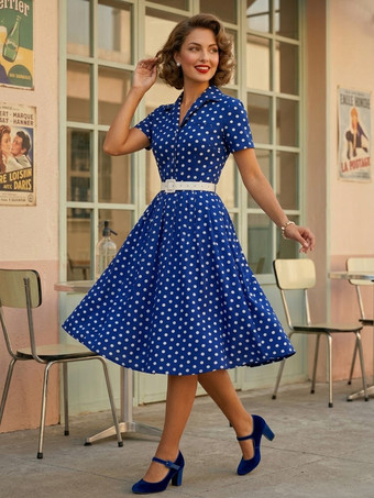ロイヤルブルーレトロワンピース 1950年代オードリー・ヘップバーン風 ターンダウンカラー 半袖 水玉 二次会 お呼ばれ 発表会 スイングドレス