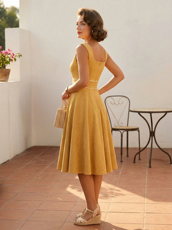 レトログラマードレス 1950年代スタイル ベビーブルー パイピング ノースリーブ スクエアネック ミディアム ロカビリードレス