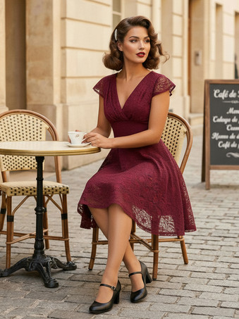 ヴィンテージ 1950年代 ミディ丈 レースドレス レディース - Vネック キャップスリーブ Aライン カクテルドレス プロムドレス - 結婚式ゲスト用 2026