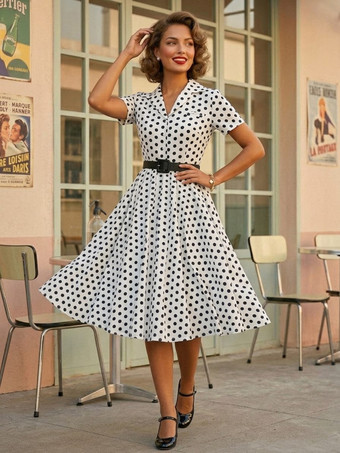 ホワイト レトロワンピース 1950年代オードリー・ヘップバーン風 ターンダウンカラー 半袖 水玉 二次会 お呼ばれ 発表会 スイングドレス
