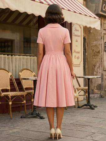 レトロワンピース　1950年代オードリー・ヘップバーン風　Vネック　半袖　二次会　お呼ばれ　発表会　ミディアムロカビリーワンピース