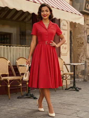 レッド レトロワンピース　1950年代オードリー・ヘップバーン風　Vネック　半袖　二次会　お呼ばれ　発表会　ミディアムロカビリーワンピース