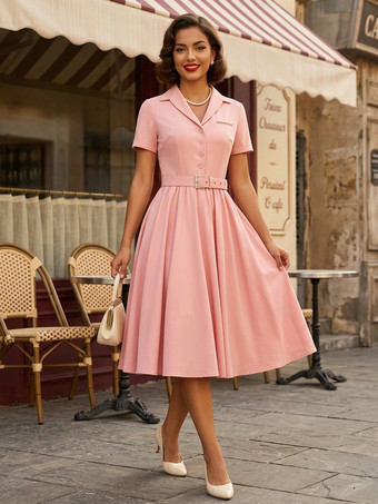 ピンクレトロワンピース　1950年代オードリー・ヘップバーン風　Vネック　半袖　二次会　お呼ばれ　発表会　ミディアムロカビリーワンピース