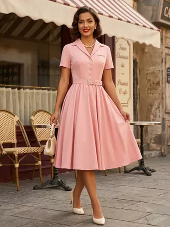 レトログラマードレス 1950年代スタイル Vネック ボタン レイヤード レトログラマードレス 1950年代スタイル Vネック ボタン レイヤード