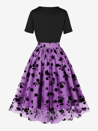 Vestido vintage estilo Audrey Hepburn de los años 50 con escote joya mangas cortas bordadas vestido rockabilly de dos tonos en color albaricoque medio