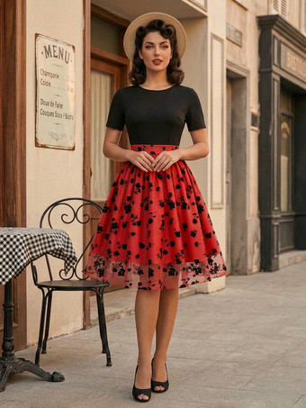 rojo Vestido vintage estilo Audrey Hepburn de los años 50 con escote joya mangas cortas bordadas vestido rockabilly de dos tonos en color albaricoque medio