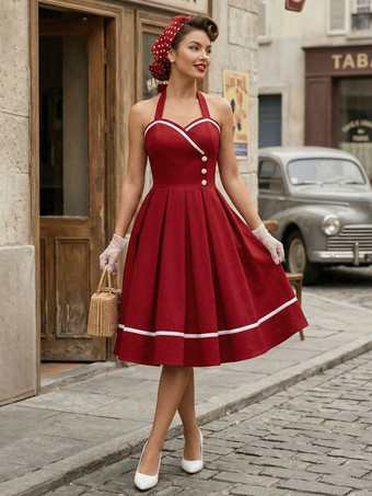 ワインレッド レトロワンピース　1950年代オードリー・ヘップバーン風　バーガンディ　ノースリーブ　スイートハートネック　二次会　お呼ばれ　発表会　スイングドレス