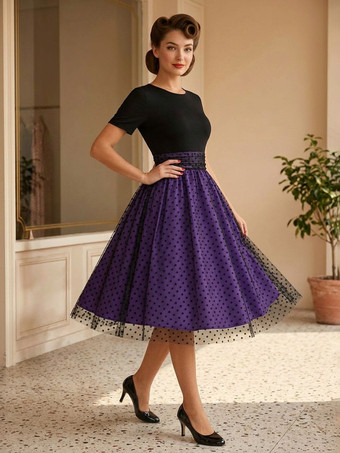 パープル レトロワンピース　1950年代オードリー・ヘップバーン風　ジュエルネック　半袖　ミディアム　水玉　二次会　お呼ばれ　発表会　ロカビリーワンピース