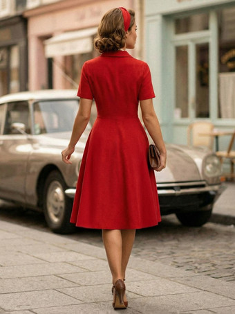 ヴィンテージ1950年代スイングドレス（女性用） - Aライン、ダブルブレスト、ラペルカラー、ロカビリー風ミディ丈ティードレス - サマーカクテルドレス 2026