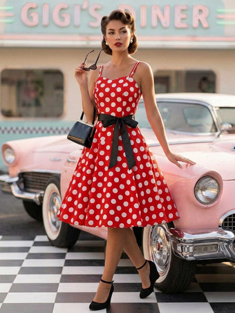 レッド 水玉模様のヴィンテージ風ミディ丈スイングドレス（女性用） - 1950年代風Aラインベルト付きロカビリースリップサマードレス - 2026年夏休みパーティー