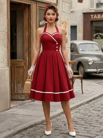 レトロワンピース　1950年代オードリー・ヘップバーン風　バーガンディ　ノースリーブ　スイートハートネック　二次会　お呼ばれ　発表会　スイングドレス