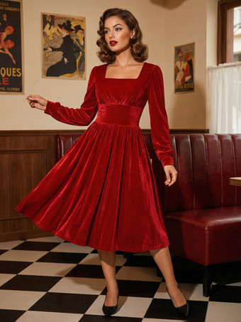 ヴィンテージドレス 1950年代オードリー・ヘップバーン風 長袖 スクエアネック ロカビリーワンピース 黒