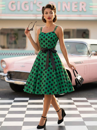 グリーン 水玉模様のヴィンテージ風ミディ丈スイングドレス（女性用） - 1950年代風Aラインベルト付きロカビリースリップサマードレス - 2026年夏休みパーティー