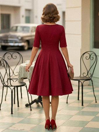 ヴィンテージ 1950年代 スイングカクテルドレス レディース - Vネック 半袖 Aライン ギャザー入りバスト ロカビリー ミディ丈ガウン - 結婚式ゲスト 2026