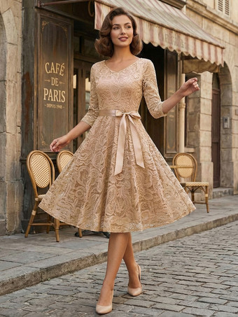 アプリコットヴィンテージレーススイングドレス（女性用） - 1950年代風 Vネック 3/4スリーブ ベルト付き Aライン ミディドレス - 春の結婚式ゲスト向け 2026