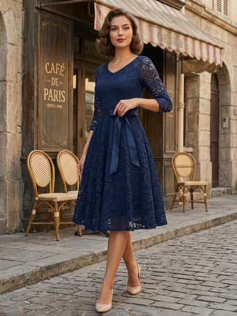 ダークネイビーヴィンテージレーススイングドレス（女性用） - 1950年代風 Vネック 3/4スリーブ ベルト付き Aライン ミディドレス - 春の結婚式ゲスト向け 2026