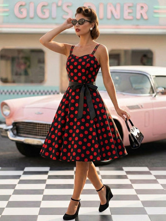 ダークレッド水玉模様のヴィンテージ風ミディ丈スイングドレス（女性用） - 1950年代風Aラインベルト付きロカビリースリップサマードレス - 2026年夏休みパーティー