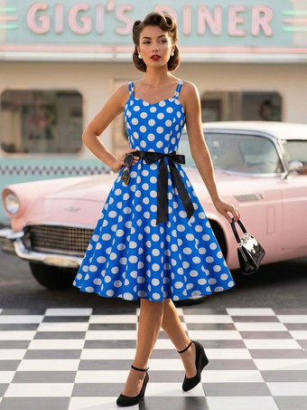ブルー 水玉模様のヴィンテージ風ミディ丈スイングドレス（女性用） - 1950年代風Aラインベルト付きロカビリースリップサマードレス - 2026年夏休みパーティー