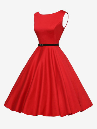 ヴィンテージ 1950年代 スイングカクテルドレス レディース - ノースリーブ ボートネック Aライン ベルト付き オードリースタイル ミディガウン - 結婚式ゲスト 2026