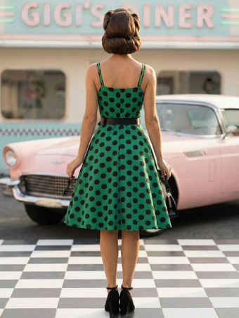 水玉模様のヴィンテージ風ミディ丈スイングドレス（女性用） - 1950年代風Aラインベルト付きロカビリースリップサマードレス - 2026年夏休みパーティー