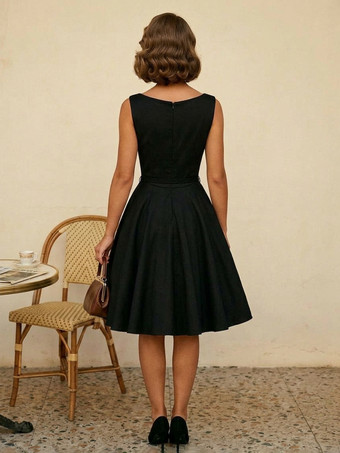 ヴィンテージ 1950年代 スイングカクテルドレス レディース - ノースリーブ ボートネック Aライン ベルト付き オードリースタイル ミディガウン - 結婚式ゲスト 2026