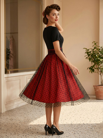 レトロワンピース　1950年代オードリー・ヘップバーン風　ジュエルネック　半袖　ミディアム　水玉　二次会　お呼ばれ　発表会　ロカビリーワンピース