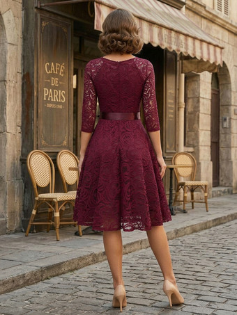 ヴィンテージレーススイングドレス（女性用） - 1950年代風 Vネック 3/4スリーブ ベルト付き Aライン ミディドレス - 春の結婚式ゲスト向け 2026