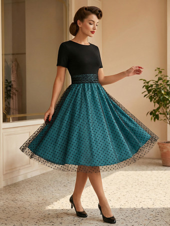 ブルー レトロワンピース　1950年代オードリー・ヘップバーン風　ジュエルネック　半袖　ミディアム　水玉　二次会　お呼ばれ　発表会　ロカビリーワンピース