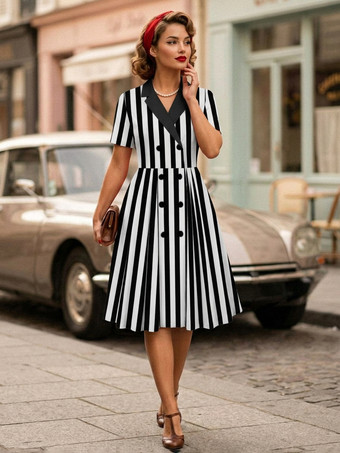 ホワイト ヴィンテージ1950年代スイングドレス（女性用） - Aライン、ダブルブレスト、ラペルカラー、ロカビリー風ミディ丈ティードレス - サマーカクテルドレス 2026