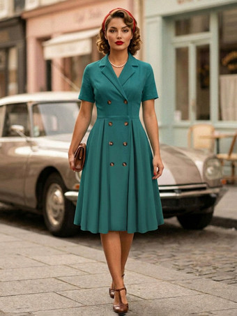 グリーン ヴィンテージ1950年代スイングドレス（女性用） - Aライン、ダブルブレスト、ラペルカラー、ロカビリー風ミディ丈ティードレス - サマーカクテルドレス 2026