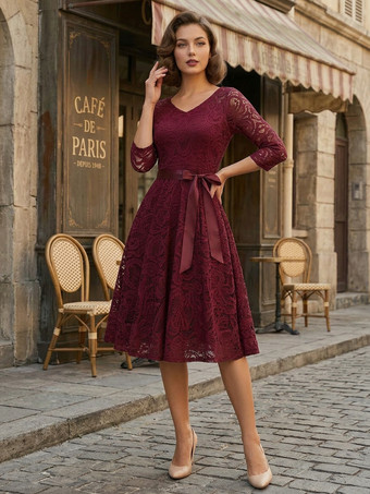 ヴィンテージレーススイングドレス（女性用） - 1950年代風 Vネック 3/4スリーブ ベルト付き Aライン ミディドレス - 春の結婚式ゲスト向け 2026