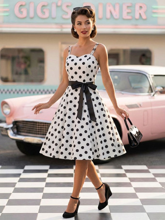 ホワイト 水玉模様のヴィンテージ風ミディ丈スイングドレス（女性用） - 1950年代風Aラインベルト付きロカビリースリップサマードレス - 2026年夏休みパーティー