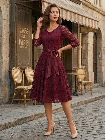 ヴィンテージレーススイングドレス（女性用） - 1950年代風 Vネック 3/4スリーブ ベルト付き Aライン ミディドレス - 春の結婚式ゲスト向け 2026